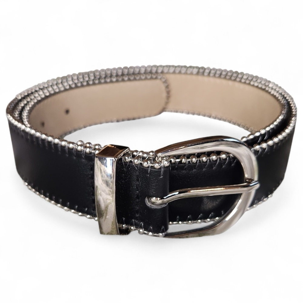 Vintage Black Belt Silver Buckle Studded Edge Trim Size XL Plus Size 90s Y2K